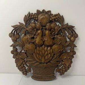 1966 Syroco Retro 3-D Wood Grain Flower Basket Wall Art Plaque USA 12” Vintage